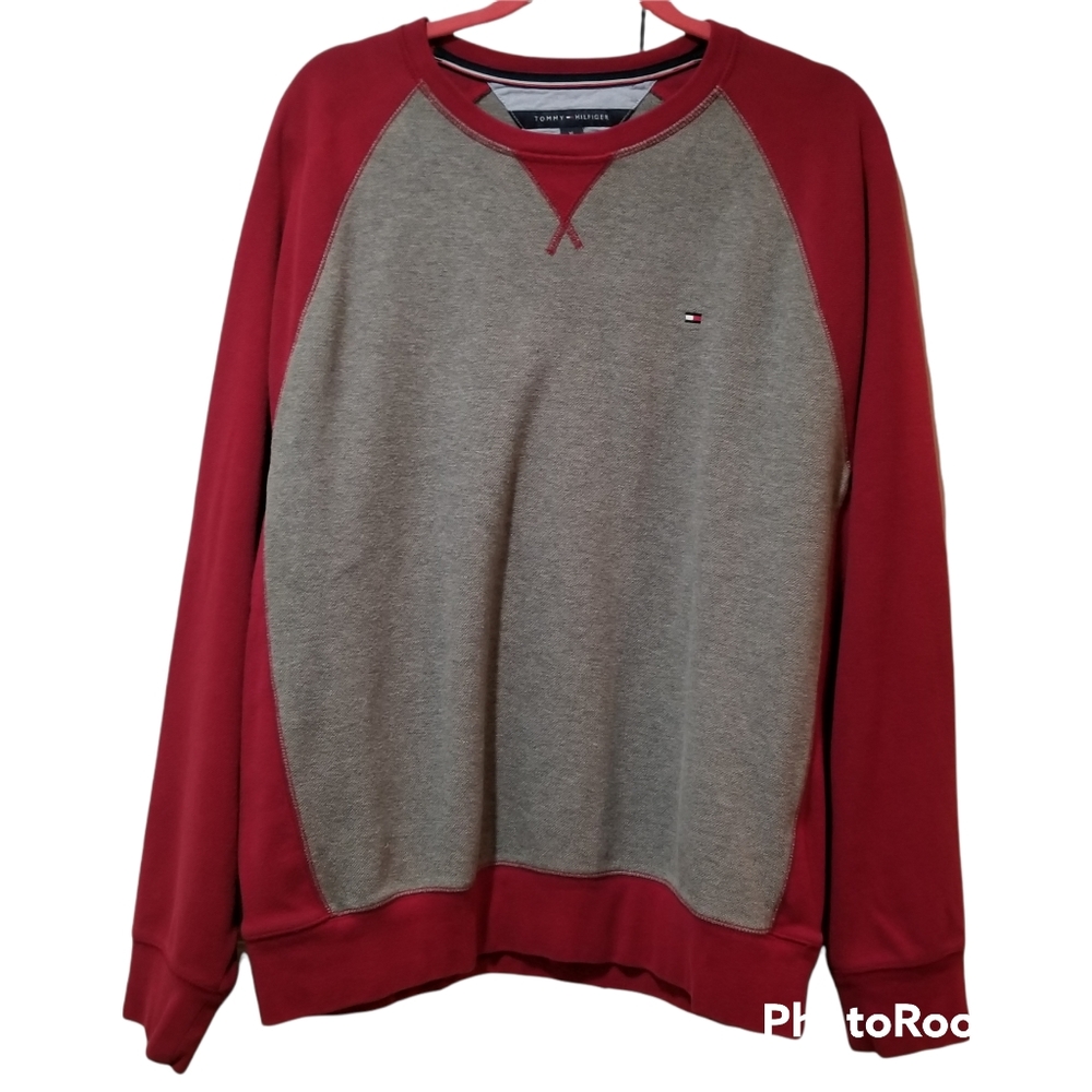 Tommy Hilfiger XL Henley Sweater Crew Neck Men's Long Sleeve Red Grey